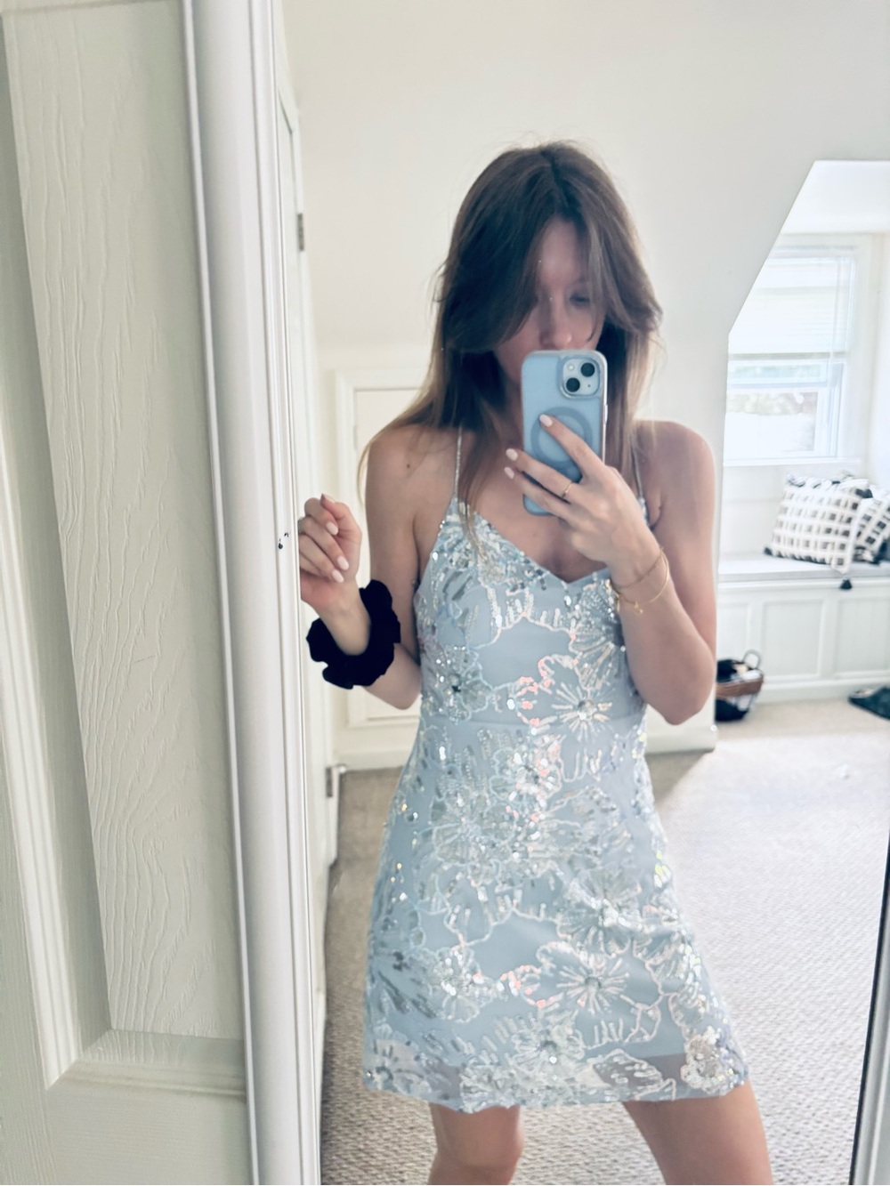 Light Blue Sequin Floral Dress